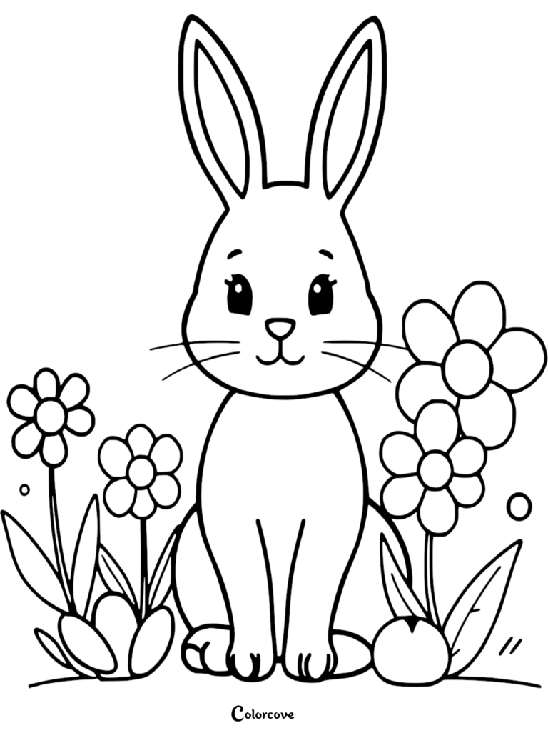 A cute Easter Bunny sitting among spring flowers in this free printable coloring page.