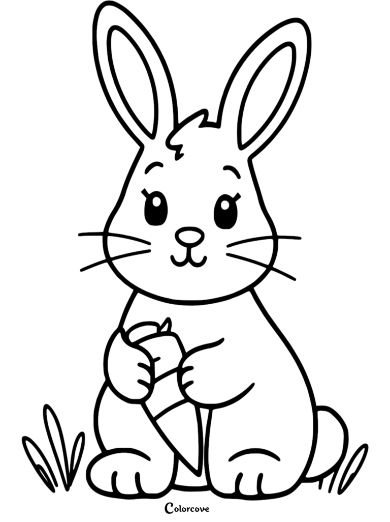 A cute Easter Bunny holding a carrot in this free printable coloring page.