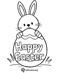 Easter bunny with egg coloring page featuring 'Happy Easter' text for kids to color.