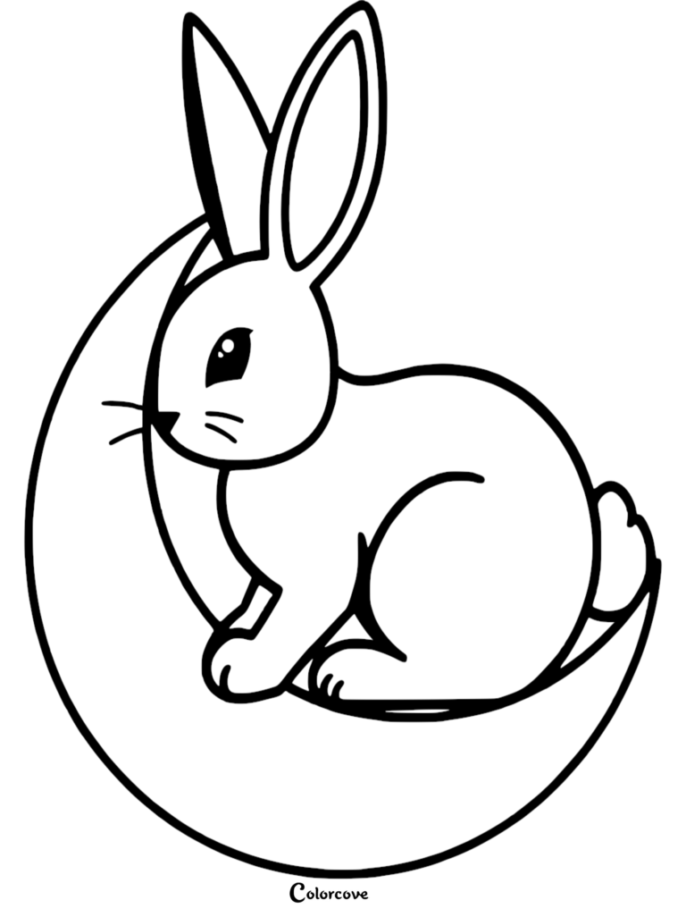 A cute Easter Bunny sitting on a crescent moon in this free printable coloring page.