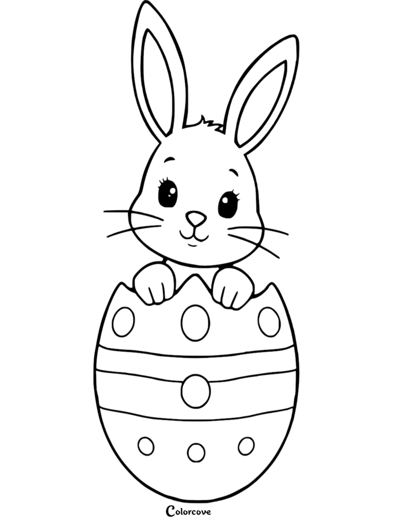 A cute Easter Bunny peeking out from a polka-dot patterned Easter egg in this free printable coloring page.