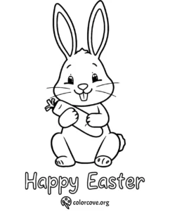 Easter bunny coloring page with rabbit holding a carrot and Happy Easter text for kids.