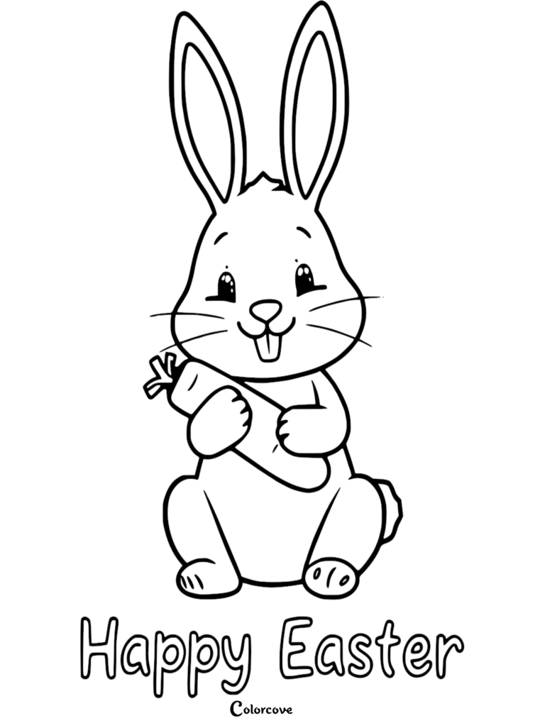 A cute Easter Bunny holding a carrot on a free printable coloring page with Happy Easter text.