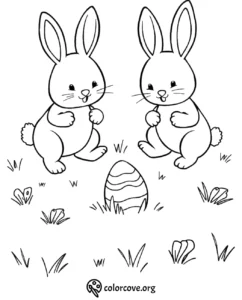 Two bunnies with an Easter egg in grass, perfect for a fun coloring activity page for kids.