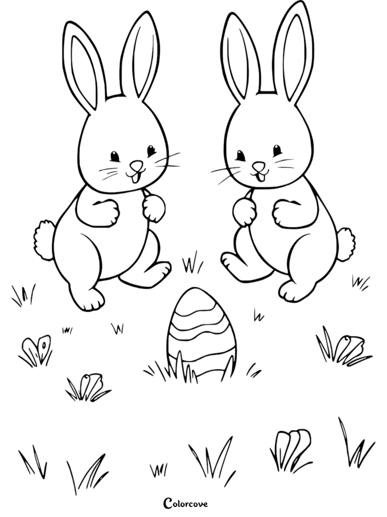 Two cute Easter bunnies standing in the grass looking at a decorated egg in this free printable coloring page.