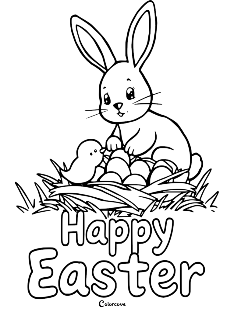 Easter Bunny coloring page featuring a cute bunny and chick sitting with Easter eggs in a nest with Happy Easter text.
