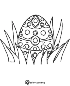 Decorative Easter egg coloring page with intricate patterns hidden in grass. Perfect for festive creativity and relaxation.