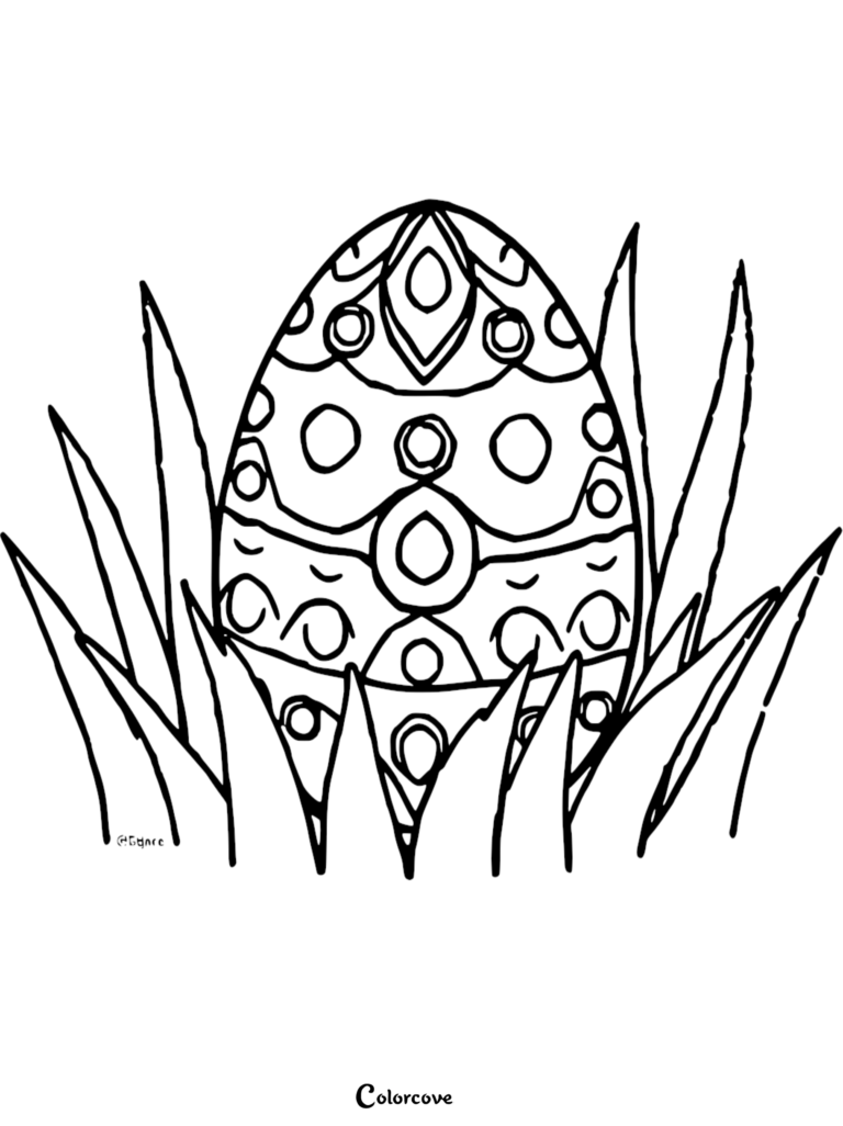 An intricately patterned Easter egg hidden in tall grass, featured in a free printable coloring page.