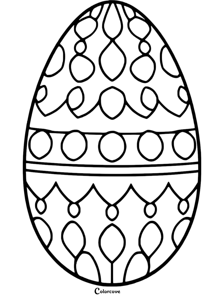Easter egg coloring page featuring geometric patterns of teardrops, swirls, and circles in a printable line art design.