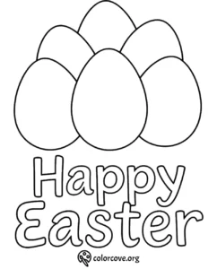 Easter coloring page with five eggs and Happy Easter text, perfect for kids' festive activities.
