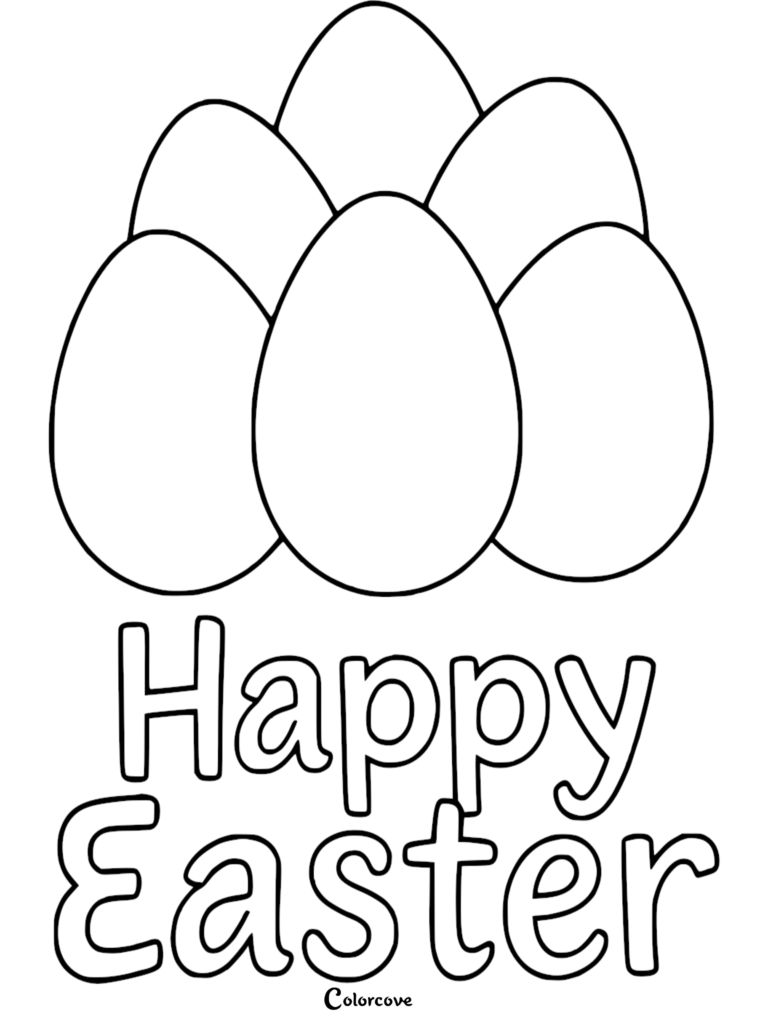 A group of five plain Easter eggs stacked together above the text Happy Easter on a printable coloring page.