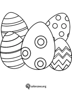 Coloring page with five Easter eggs featuring stripes, dots, and zigzag patterns. Perfect for festive creativity.