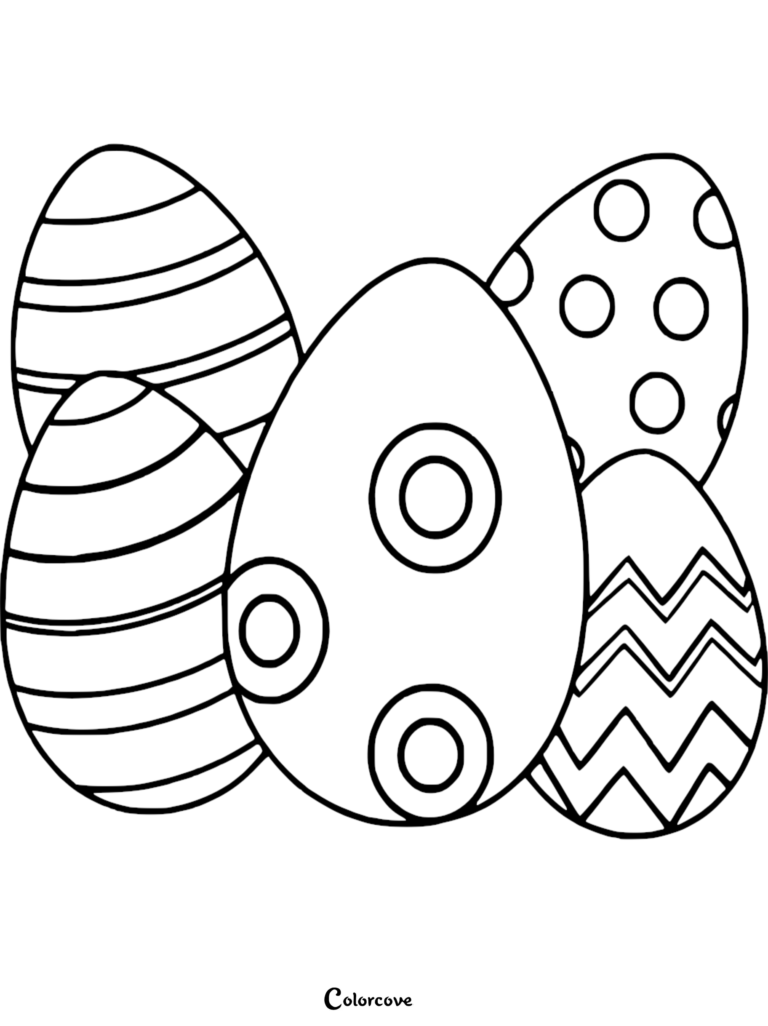 Four decorative Easter eggs with stripes, circles, and zigzag patterns in a printable coloring page.