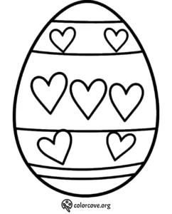 Easter egg coloring page with heart patterns, ideal for kids' creative activities and festive fun.