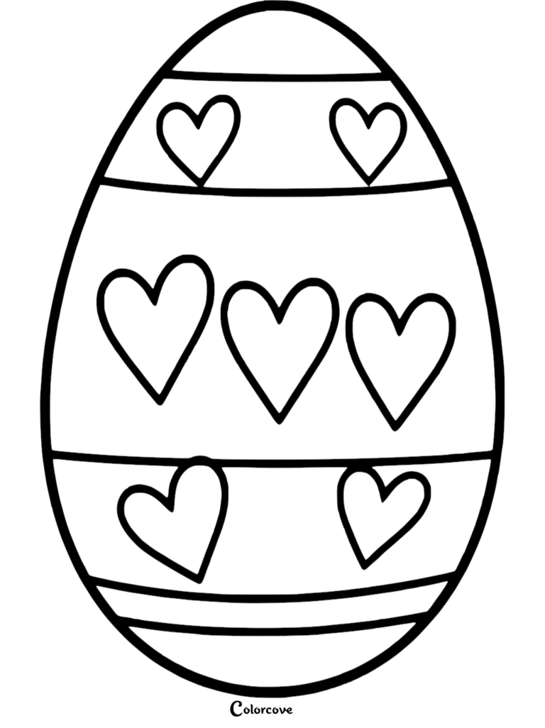 Easter egg coloring page featuring horizontal stripes decorated with seven heart shapes of varying sizes.