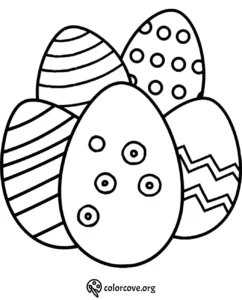 Coloring page of Easter eggs with various patterns, including stripes and polka dots. Perfect for kids' creative fun.