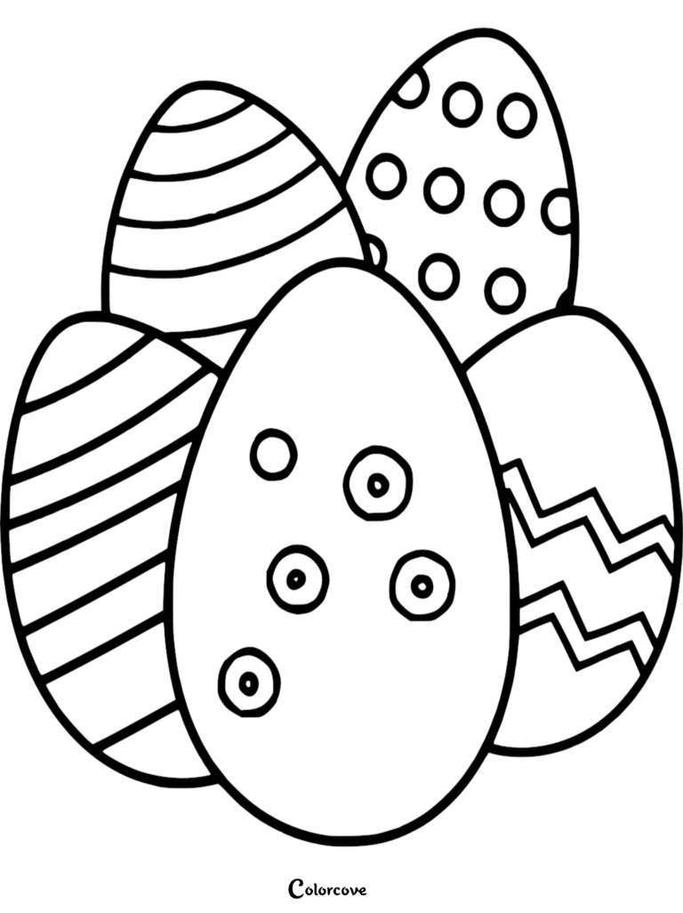 A group of four Easter eggs with striped, polka dot, and zigzag patterns on this printable coloring page.