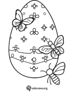 Butterfly and flower-themed Easter egg coloring page for kids and adults from colorcove.org.