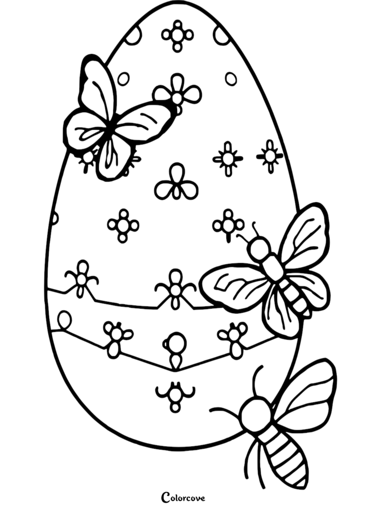 Easter egg coloring page featuring a butterfly and bees with floral patterns.