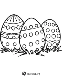 Easter egg coloring page with patterned eggs on grass, ready to print and color for a fun holiday activity.