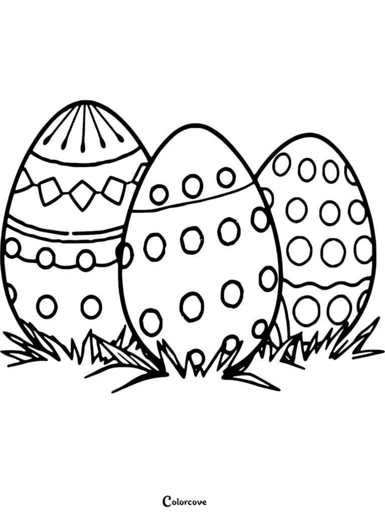 Three patterned Easter eggs sitting in grass on a printable coloring page.