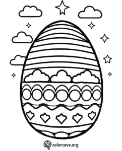 Decorative Easter egg coloring page with clouds, stripes, and geometric patterns for kids and adults.