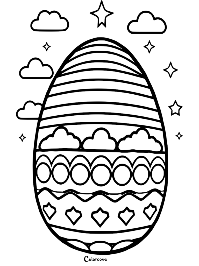 Easter Egg coloring page featuring a large egg decorated with horizontal stripes, clouds, circles, and diamond patterns under a starry sky.