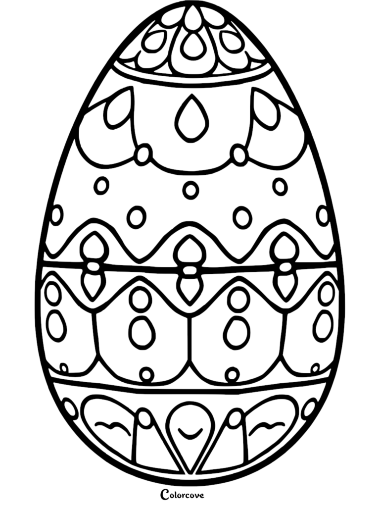 Easter Egg coloring page featuring intricate geometric patterns, teardrop shapes, and polka dots in a printable line art design.
