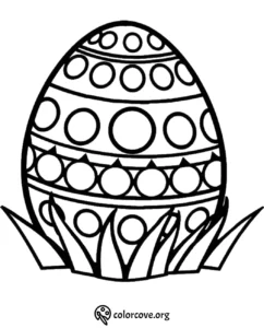Easter egg coloring page with intricate geometric patterns and grass accents for kids and adults.