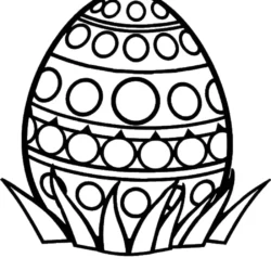 Easter egg coloring page with intricate geometric patterns and grass accents for kids and adults.