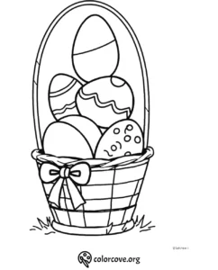 Basket of decorated Easter eggs coloring page with ribbon bow, perfect for kids' holiday coloring activities.