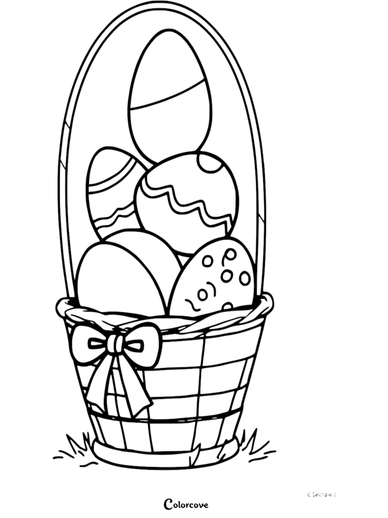 Easter Egg coloring page featuring a woven basket filled with patterned eggs and a bow.