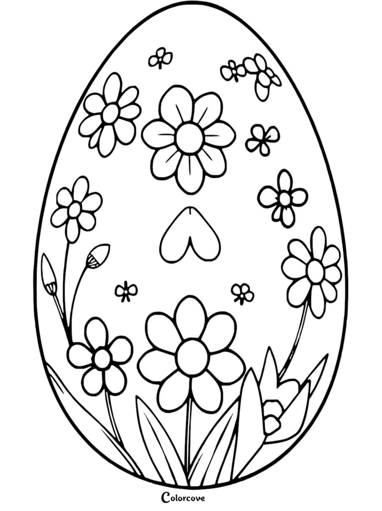 Easter egg coloring page featuring a floral pattern with daisies and small butterflies.