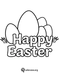 Easter coloring page with Happy Easter text and egg outlines for kids to color.