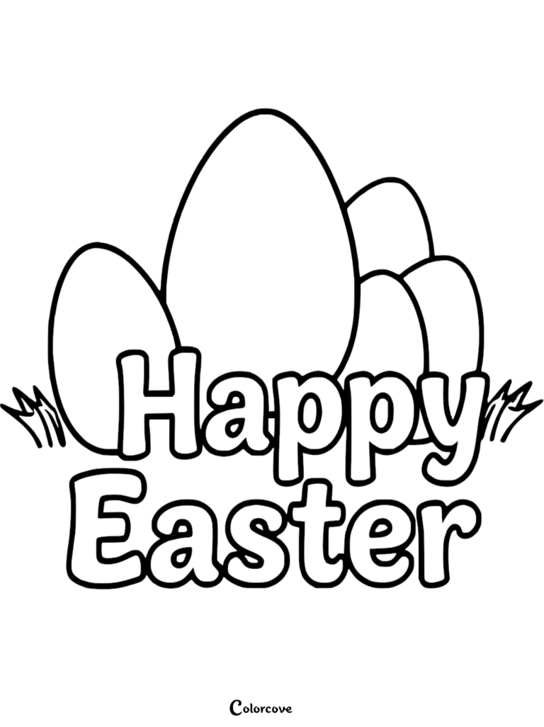 A printable Easter Egg coloring page featuring a group of eggs behind bold Happy Easter text.