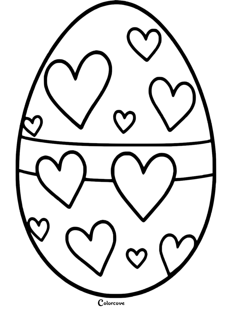 Easter egg coloring page featuring a large egg decorated with various sizes of hearts and a horizontal center band.