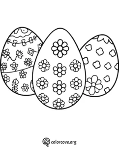 Coloring page featuring three decorated Easter eggs with floral patterns. Perfect for a fun holiday activity.