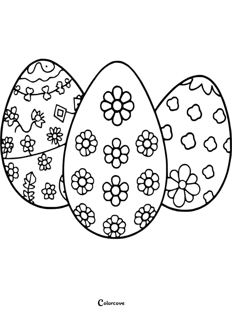 Three Easter eggs with floral and geometric patterns on a coloring page.