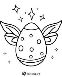 Whimsical egg with wings and stars coloring page for kids and adults. Free printable from ColorCove.org.