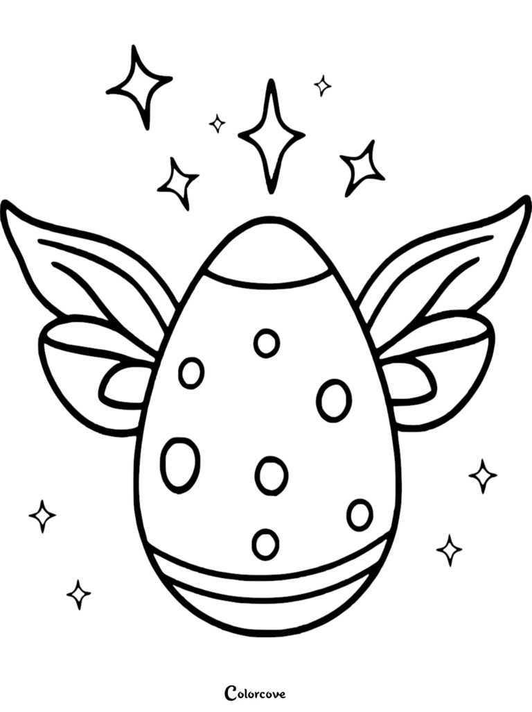 Easter egg with fairy wings and polka dots coloring page surrounded by sparkling stars