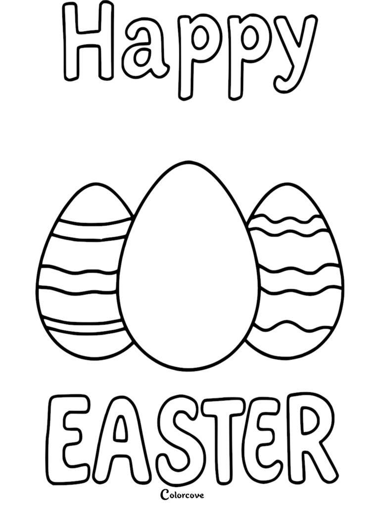Happy Easter coloring page featuring three decorated eggs with wavy lines and a plain center egg with bold text.