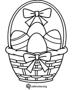 Easter basket coloring page with patterned eggs and bows for kids' holiday fun and creativity.