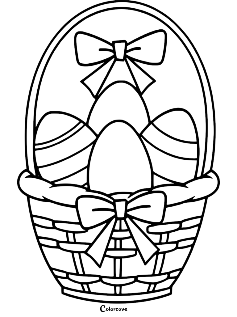 Easter egg coloring page featuring a woven basket filled with decorated eggs and adorned with two large bows.