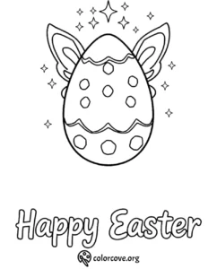 Easter egg coloring page with bunny ears and stars, text Happy Easter.