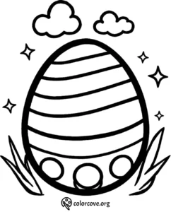 Striped Easter egg coloring page with clouds and stars, surrounded by leaves. Perfect for kids' creative fun.