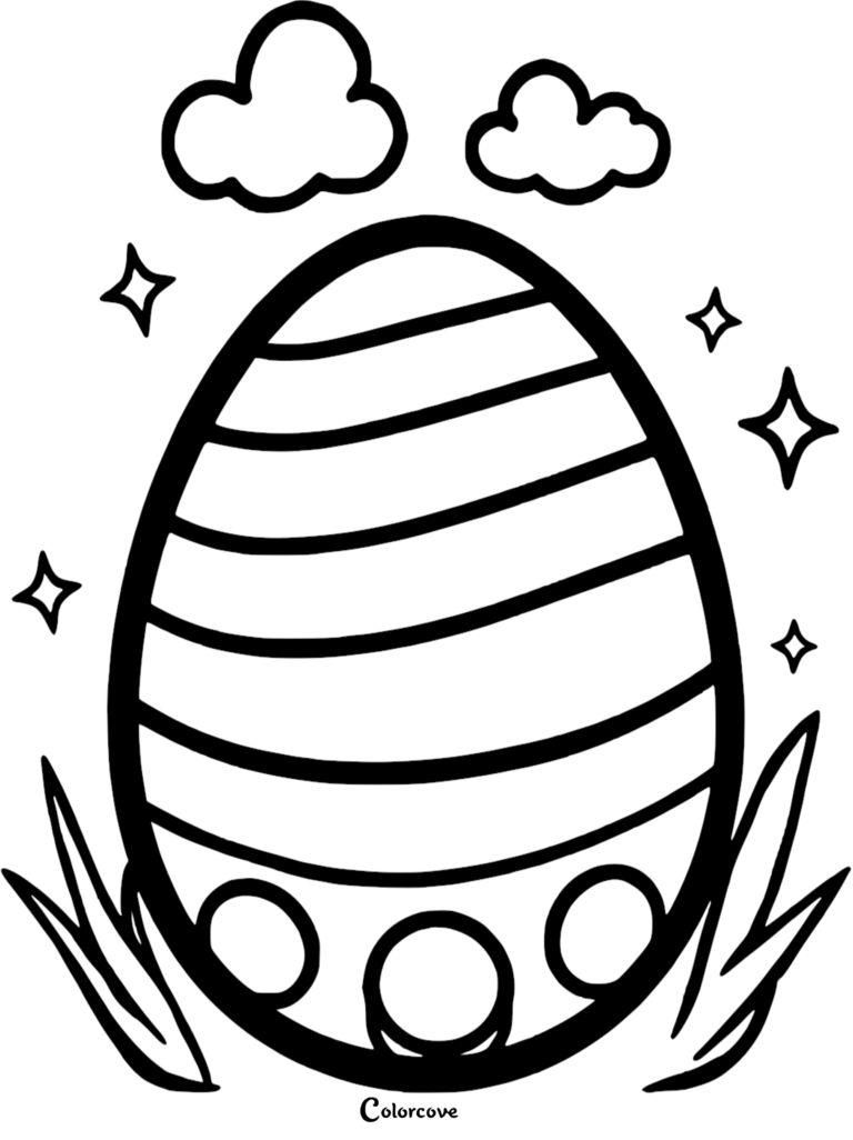 Easter Egg coloring page featuring a striped egg with circular patterns in grass under clouds and stars.