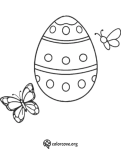 Coloring page of a patterned Easter egg with two butterflies, perfect for kids and holiday creativity.