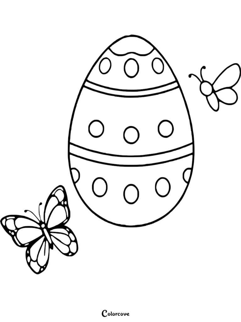 Easter egg coloring page featuring a polka dot patterned egg surrounded by two butterflies.