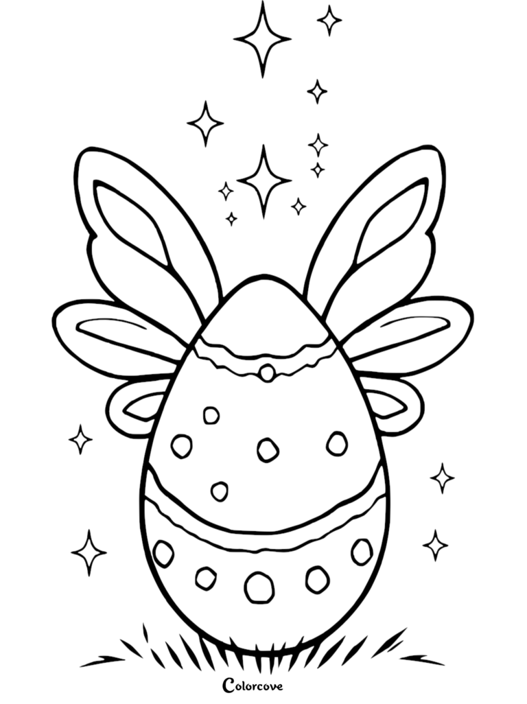 Easter egg with fairy wings and sparkling stars in a printable coloring page format.