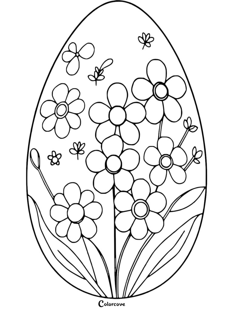 Easter egg coloring page featuring a bouquet of simple five-petal flowers and leaves.